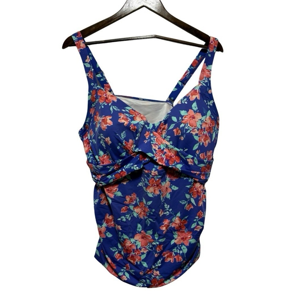 Lands End Swim Top Womens 20W Blue Floral Lined Wire Swimwear Tankini